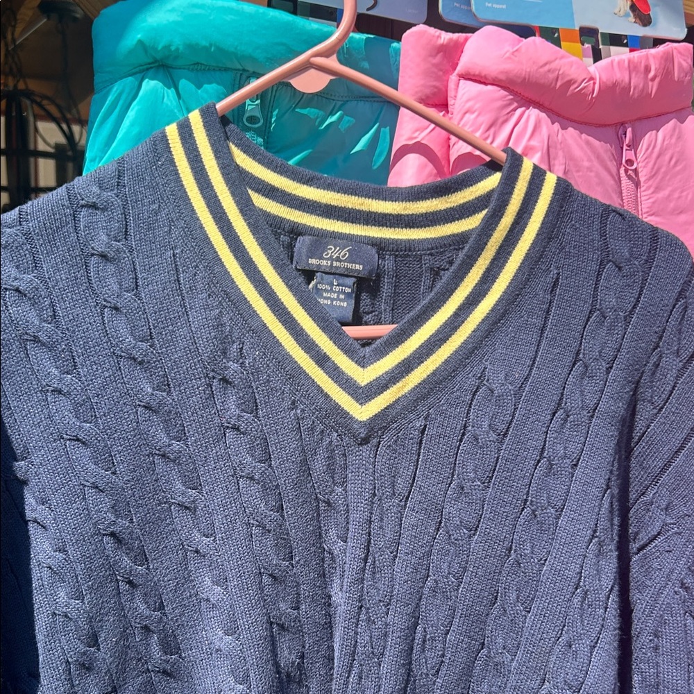 Brooks Brothers V-Neck Sweater in Navy with Yellow Stripes